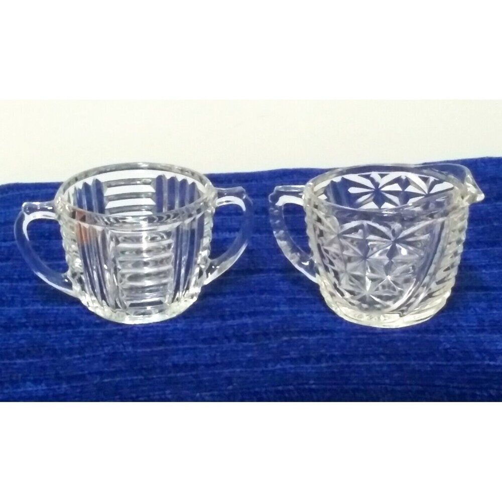 Vintage Sugar & Creamer Anchor Hocking "Stars & Bars" clear cut glass pretty EUC